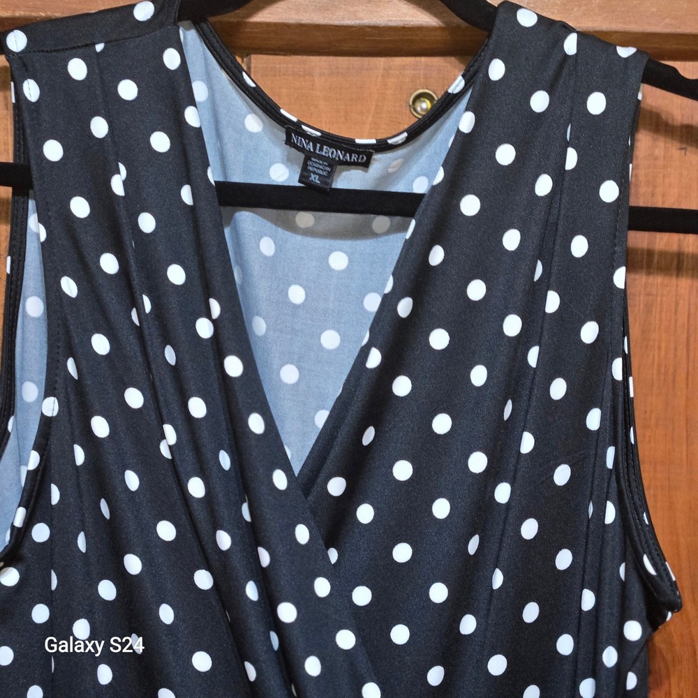 Nina Leonard Womens XL Black White Polka Dot Faux Wrap Sleeveless Midi Jumpsuit